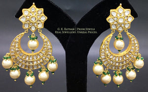 23k Gold and Diamond Polki Chand Bali Earring pair enhanced with shell pearls and a touch of green - G. K. Ratnam
