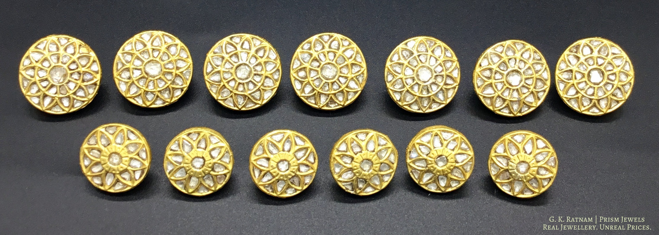 23k Gold and Diamond Polki all-white Sherwani Buttons for Men - G. K. Ratnam