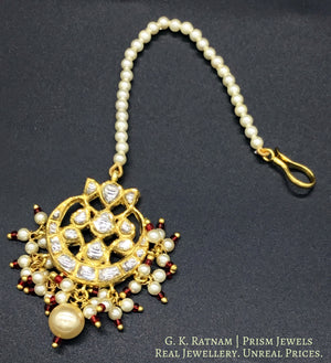 18k Gold and Diamond Polki Maang Tika with a hint of red in triple-coated shell pearls - G. K. Ratnam