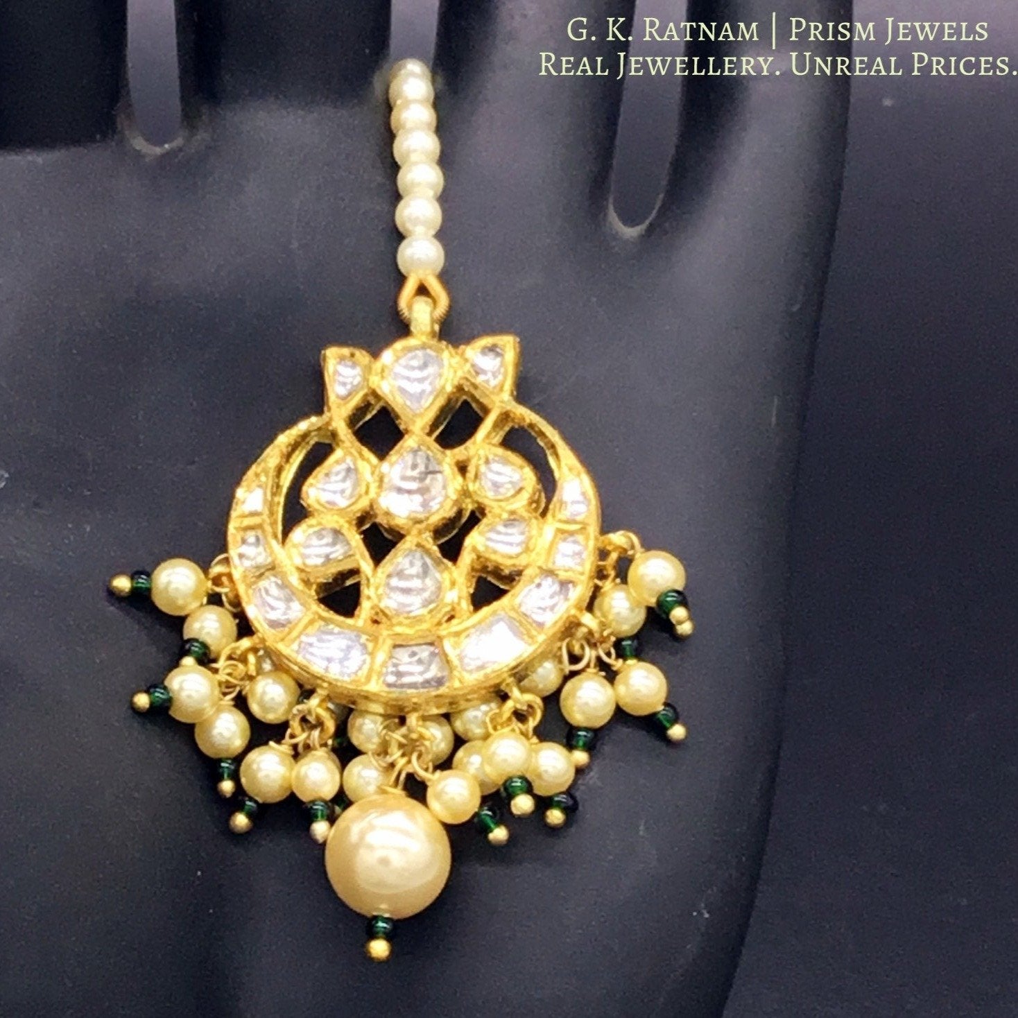 18k Gold and Diamond Polki Maang Tika with a hint of green in triple-coated shell pearls - G. K. Ratnam