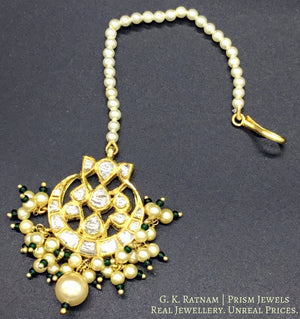 18k Gold and Diamond Polki Maang Tika with a hint of green in triple-coated shell pearls - G. K. Ratnam