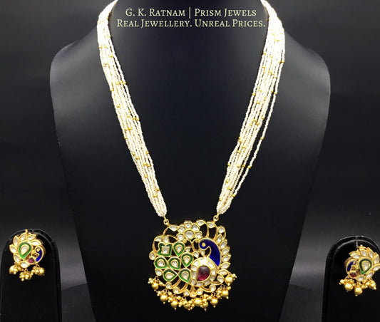 18k Gold and Diamond Polki Peacock Pendant Set with chid pearl bunch - G. K. Ratnam