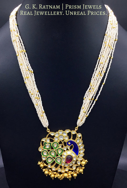 18k Gold and Diamond Polki Peacock Pendant Set with chid pearl bunch - G. K. Ratnam