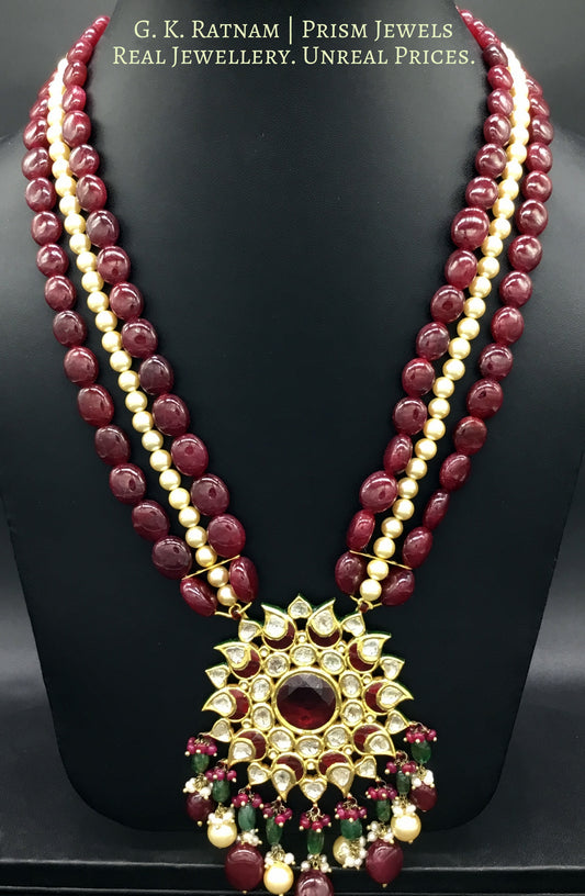 Traditional Gold and Diamond Polki rhodo-center star-shaped Pendant Set with rubies and pearls - G. K. Ratnam