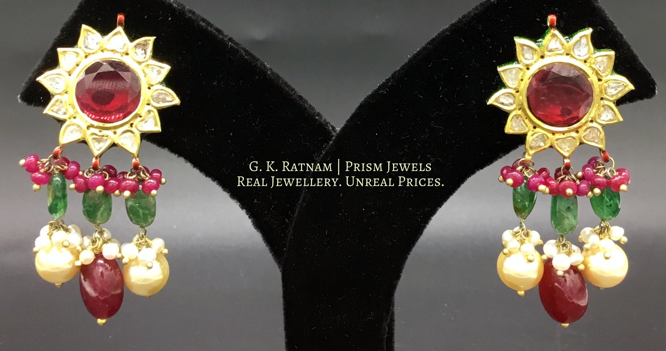 Traditional Gold and Diamond Polki rhodo-center star-shaped Pendant Set with rubies and pearls - G. K. Ratnam