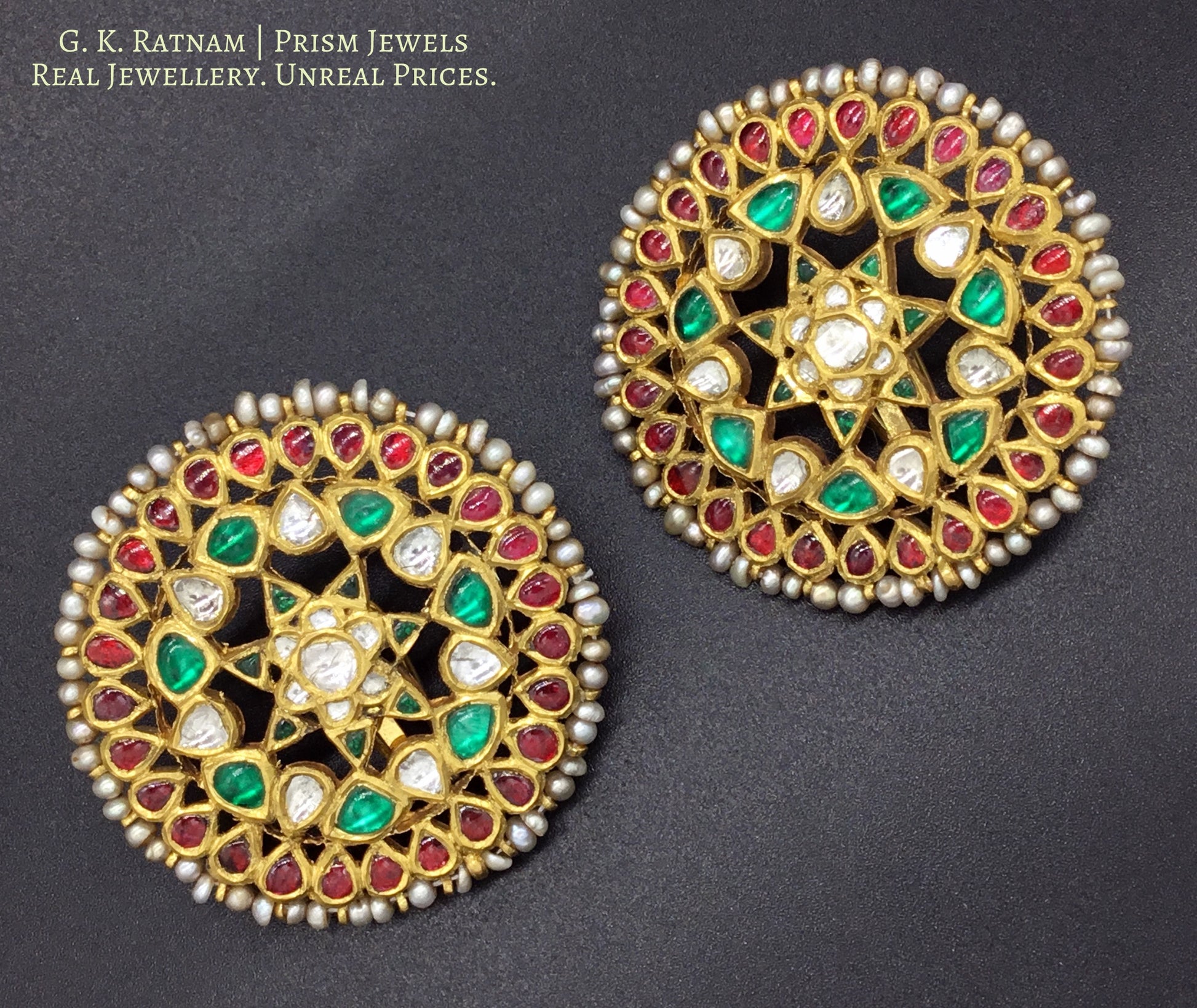 22k Gold and Diamond Polki Karanphool Earring Pair with Rubies and Emeralds - G. K. Ratnam
