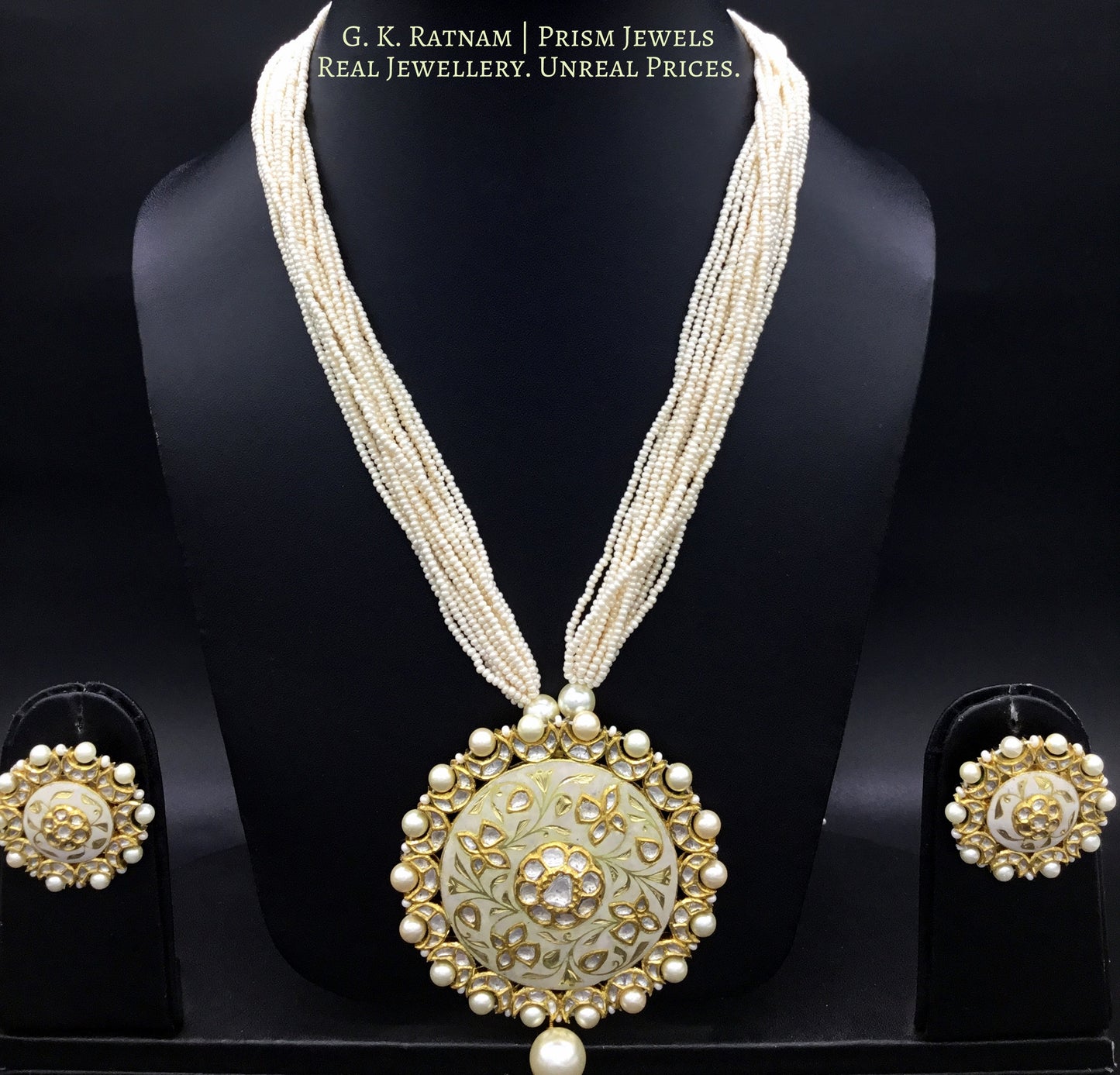 18k Gold and Diamond Polki round Pendant Set with elegant cream enamelling - G. K. Ratnam