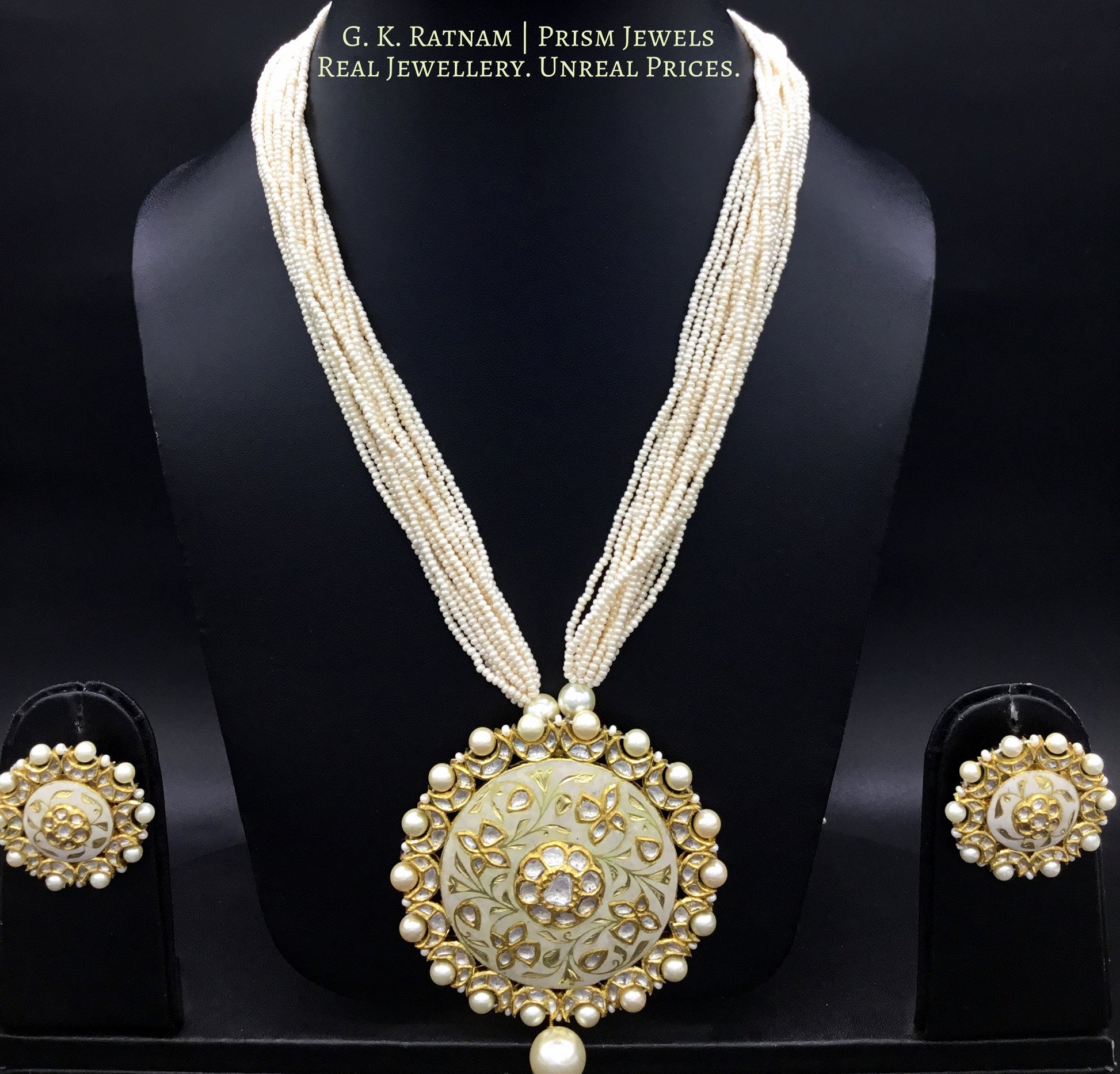 18k Gold and Diamond Polki round Pendant Set with elegant cream enamelling - G. K. Ratnam