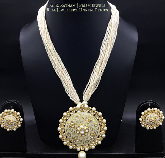 18k Gold and Diamond Polki round Pendant Set with elegant cream enamelling - G. K. Ratnam