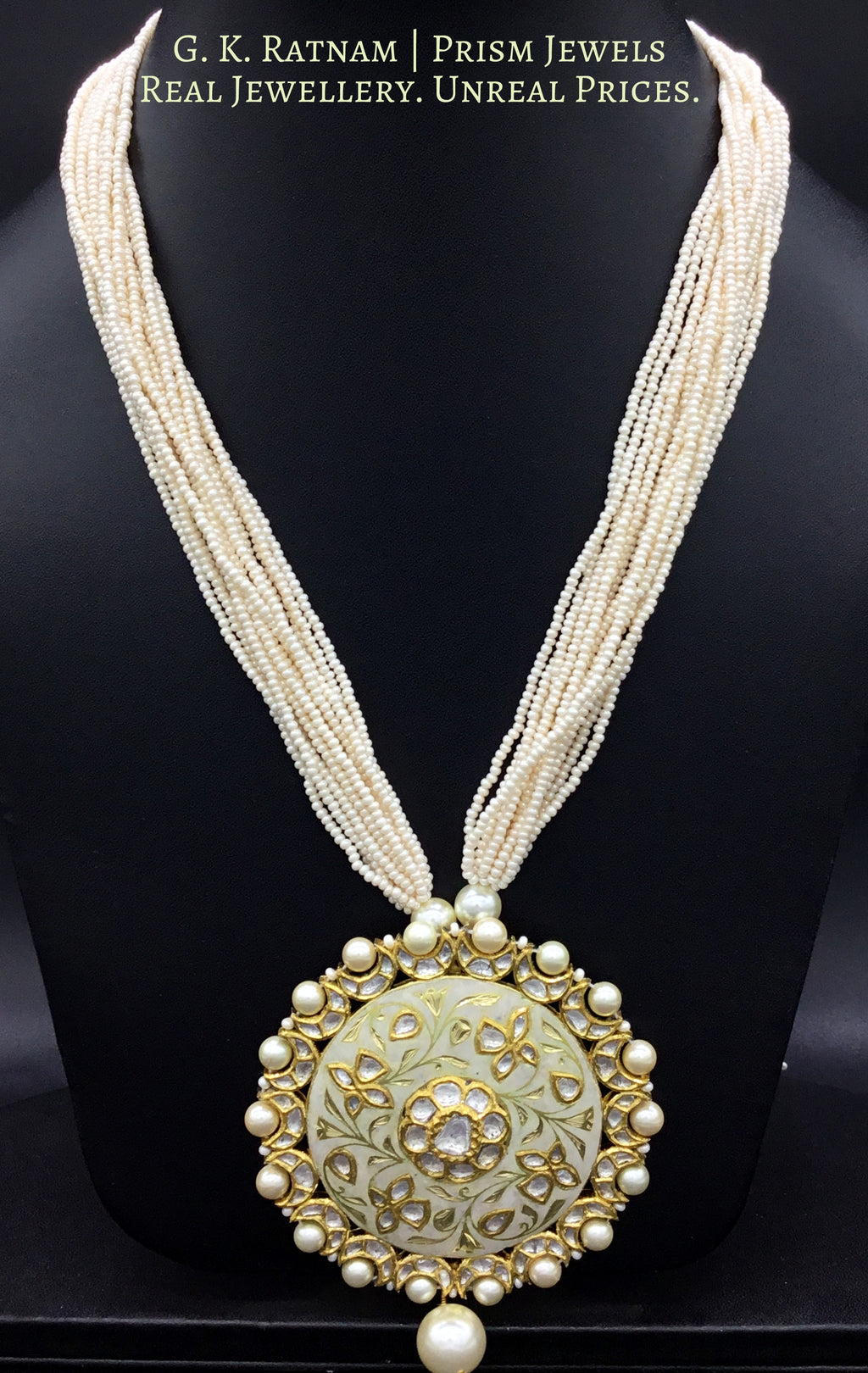 18k Gold and Diamond Polki round Pendant Set with elegant cream enamelling - G. K. Ratnam