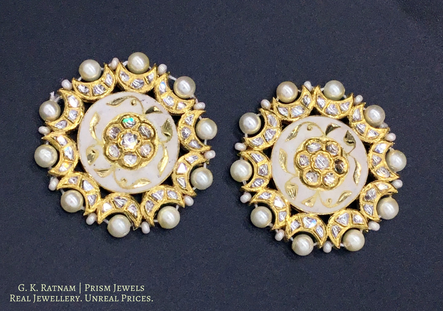 18k Gold and Diamond Polki round Pendant Set with elegant cream enamelling - G. K. Ratnam