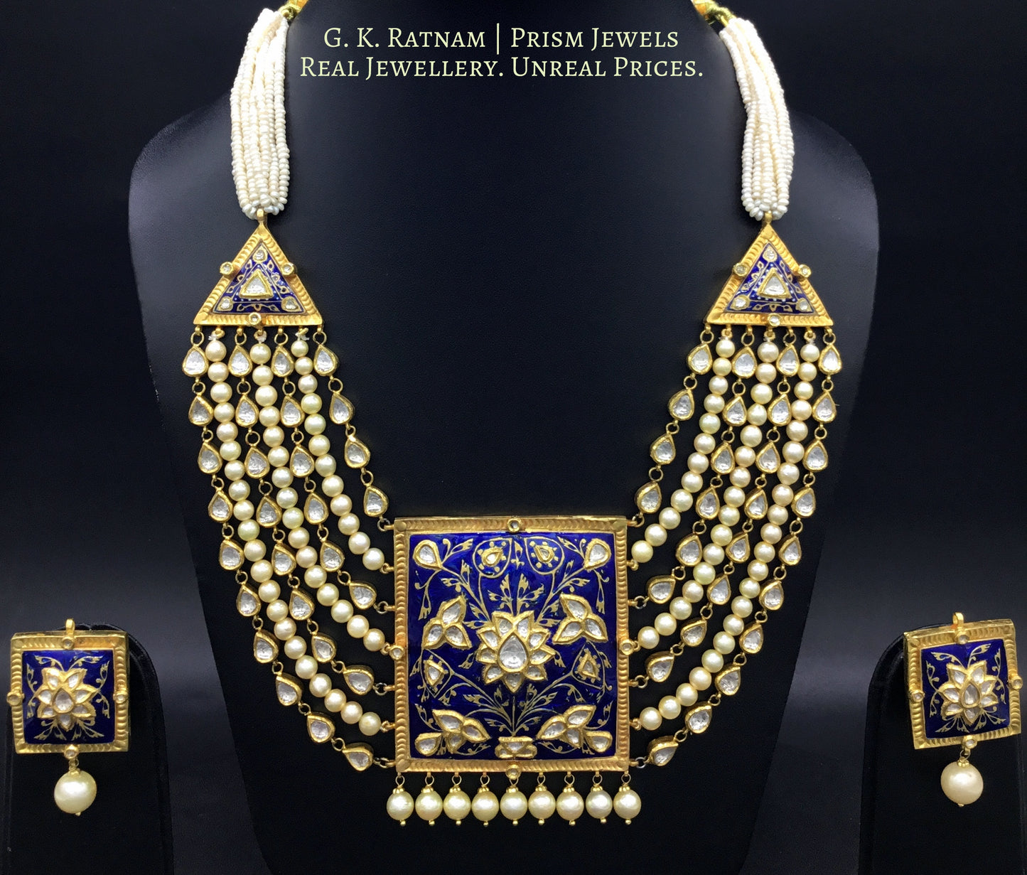 18k Gold and Diamond Polki square Pendant Set with soothing royal blue meenakari and uncut tukdis linked together - G. K. Ratnam