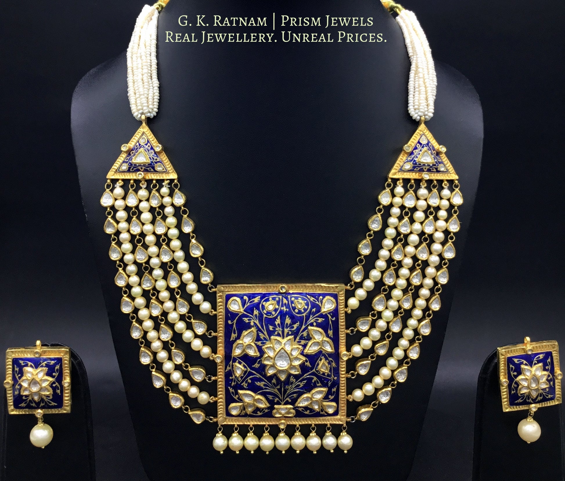 18k Gold and Diamond Polki square Pendant Set with soothing royal blue meenakari and uncut tukdis linked together - G. K. Ratnam