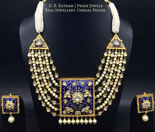 18k Gold and Diamond Polki square Pendant Set with soothing royal blue meenakari and uncut tukdis linked together - G. K. Ratnam