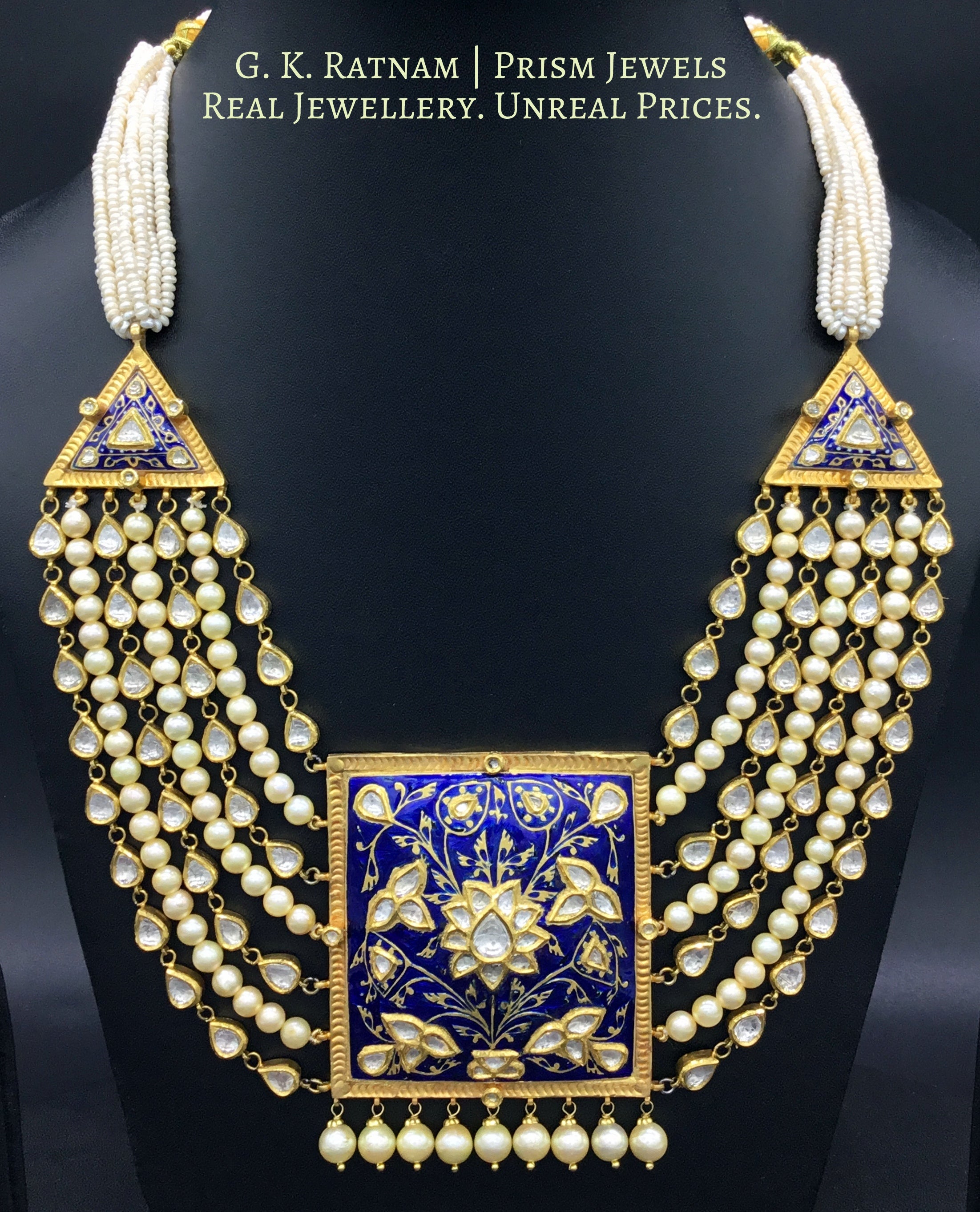 18k Gold and Diamond Polki square Pendant Set with soothing royal blue meenakari and uncut tukdis linked together - G. K. Ratnam