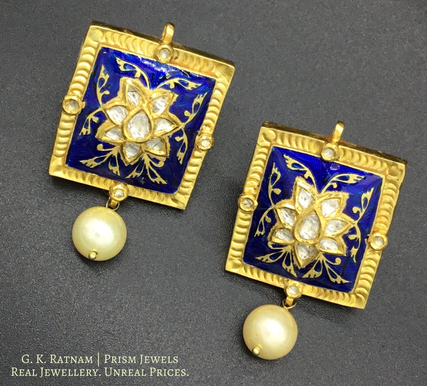 18k Gold and Diamond Polki square Pendant Set with soothing royal blue meenakari and uncut tukdis linked together - G. K. Ratnam