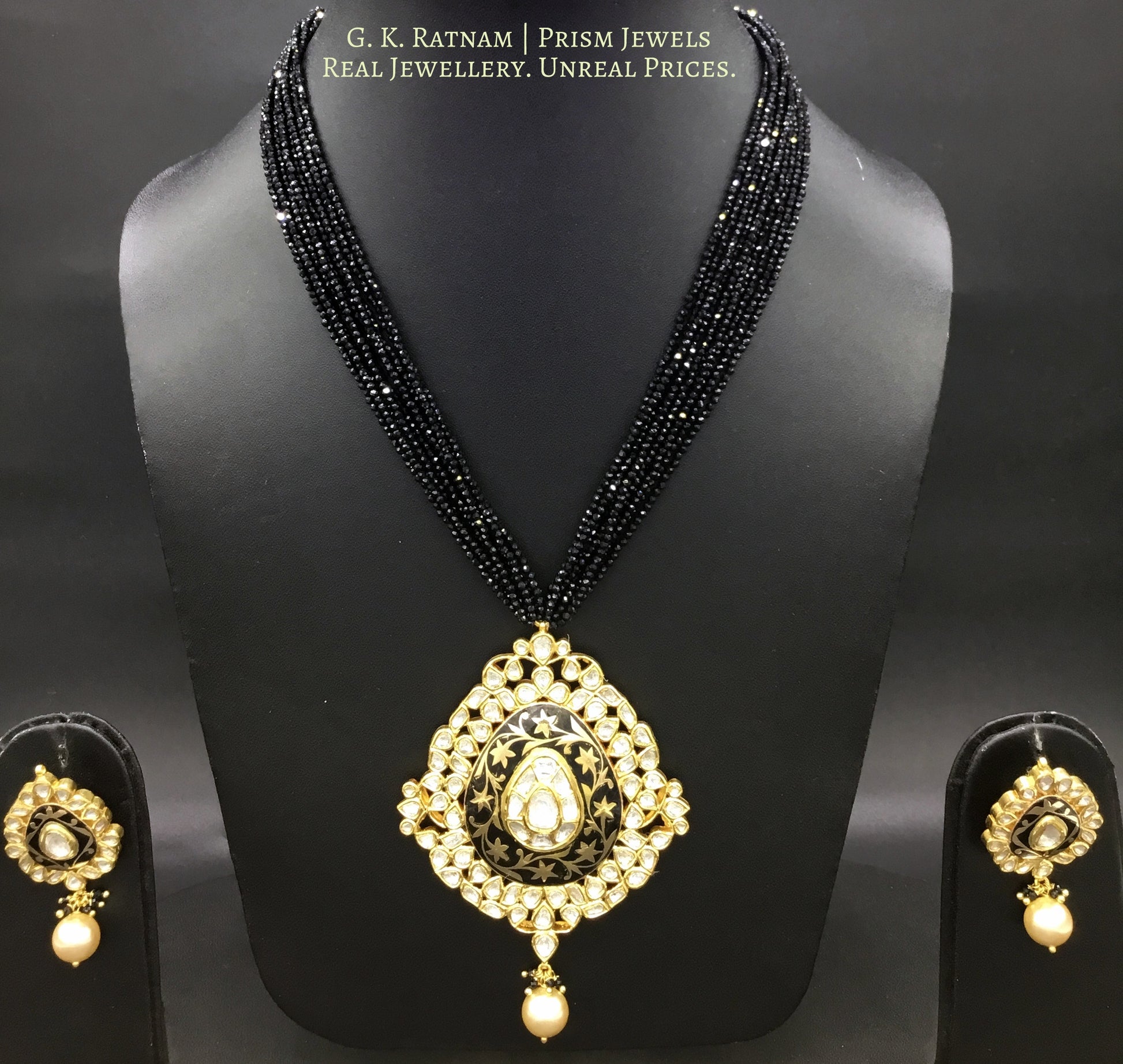 18k Gold and Diamond Polki Pendant Set with elegant black enamelling - G. K. Ratnam