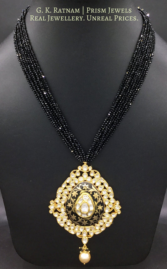 18k Gold and Diamond Polki Pendant Set with elegant black enamelling - G. K. Ratnam