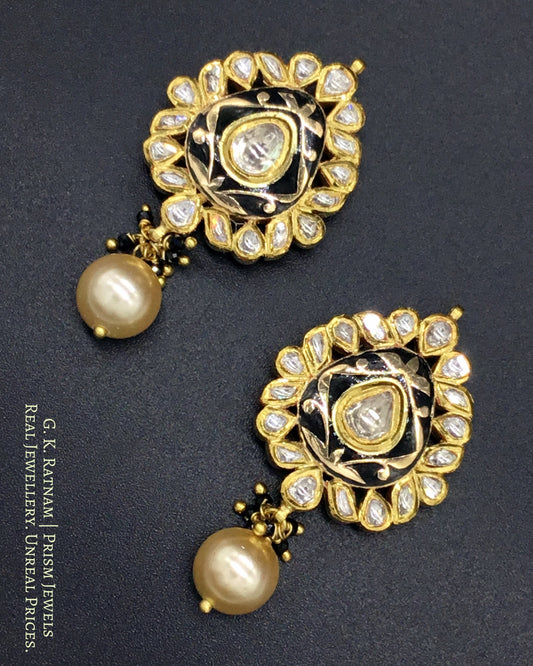 18k Gold and Diamond Polki Pendant Set with elegant black enamelling - G. K. Ratnam