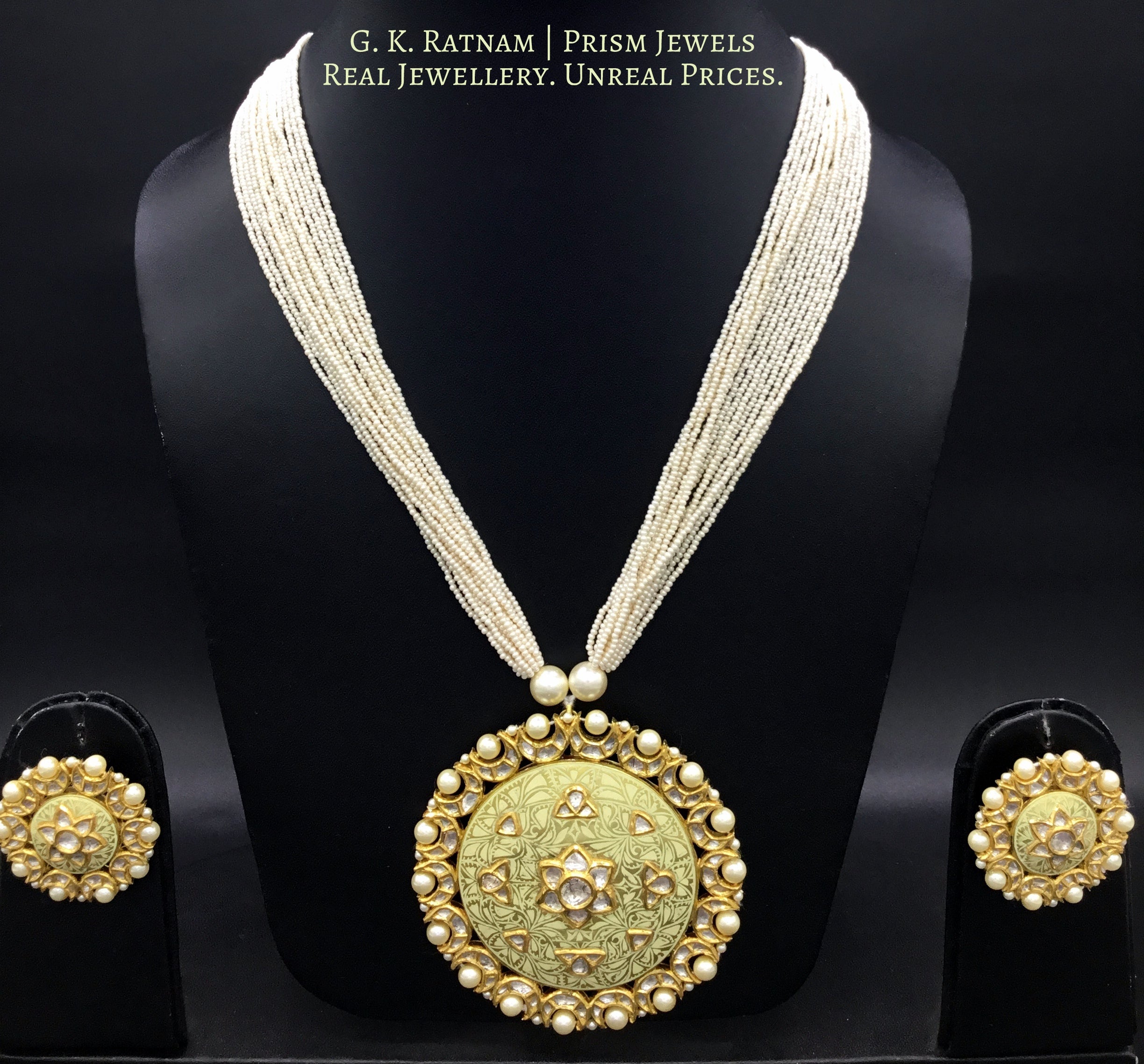 18k Gold and Diamond Polki round Pendant Set with elegant pastel green meenakari - G. K. Ratnam