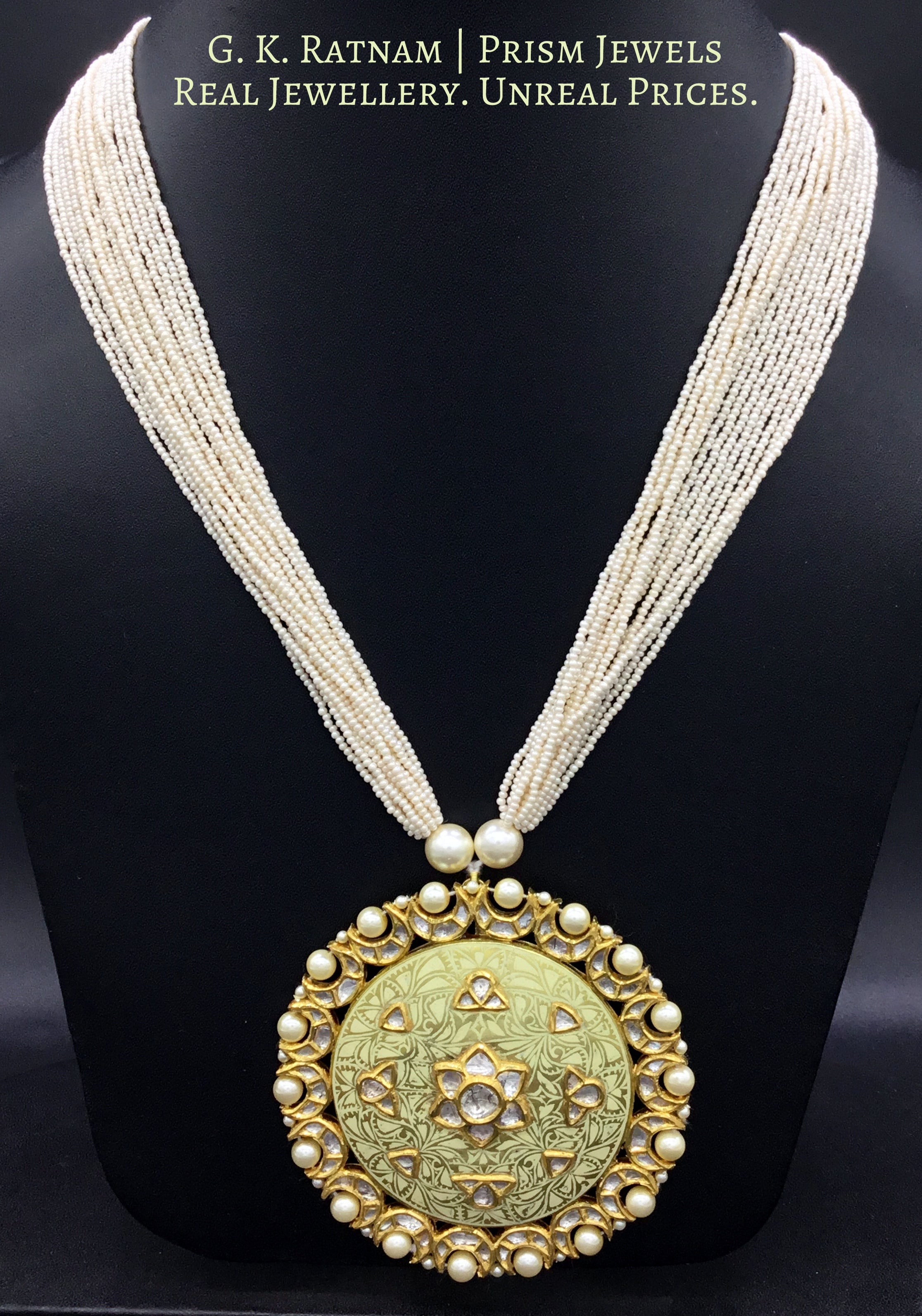 18k Gold and Diamond Polki round Pendant Set with elegant pastel green meenakari - G. K. Ratnam
