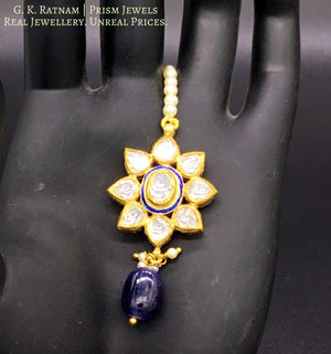 18k Gold and Diamond Polki floral Maang Tika with blue enamelling - G. K. Ratnam