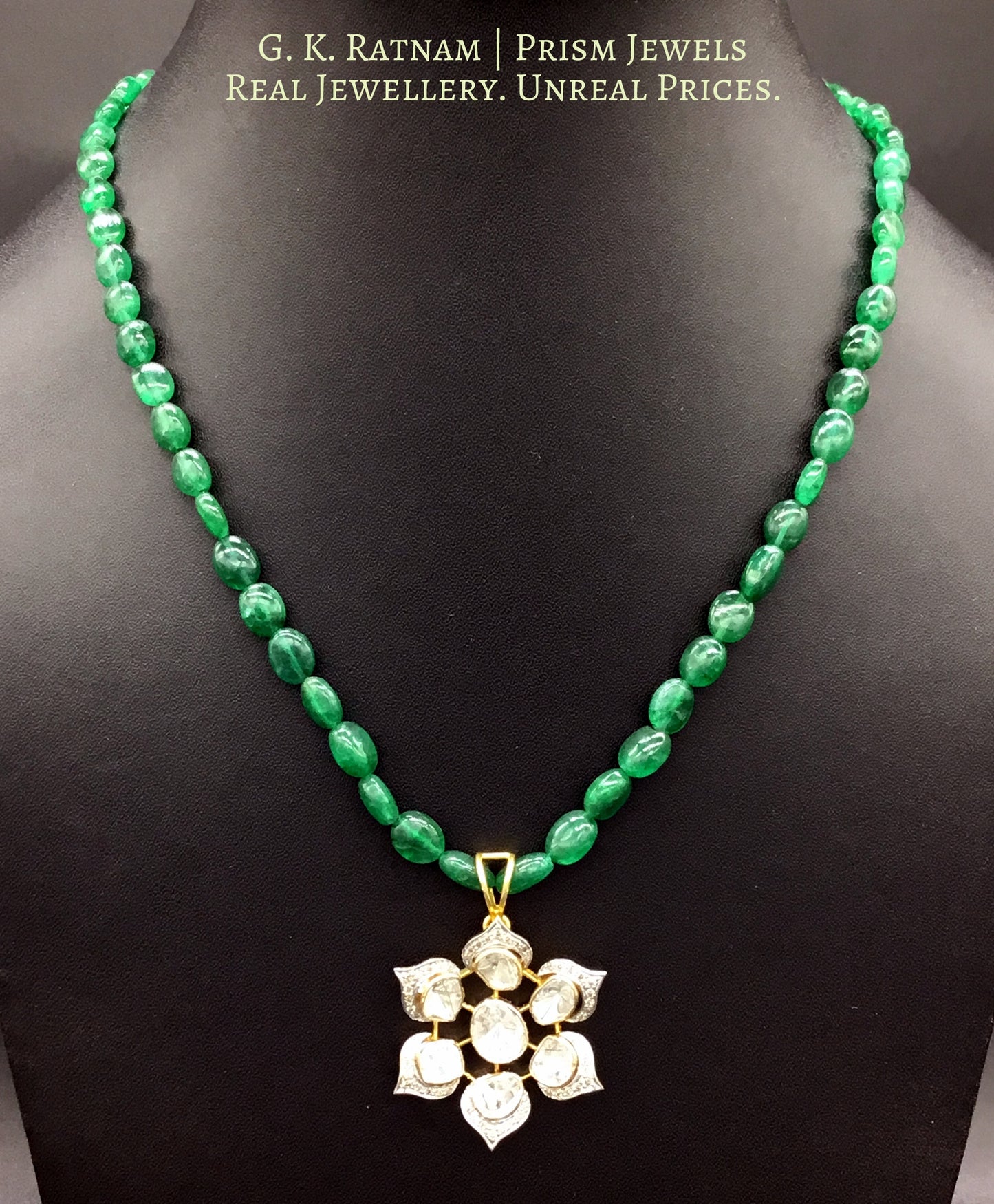 14k Gold and Diamond Polki Open Setting floral Pendant with emerald-grade green beryls - G. K. Ratnam