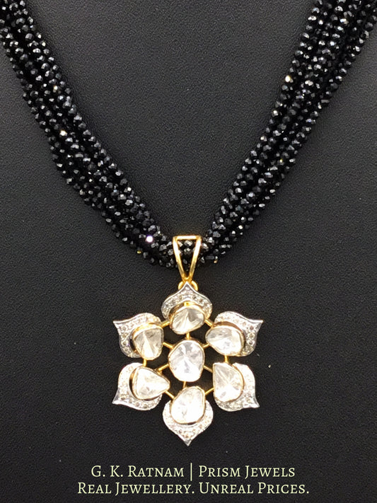 14k Gold and Diamond Polki Open Setting floral Pendant with black spinels - G. K. Ratnam
