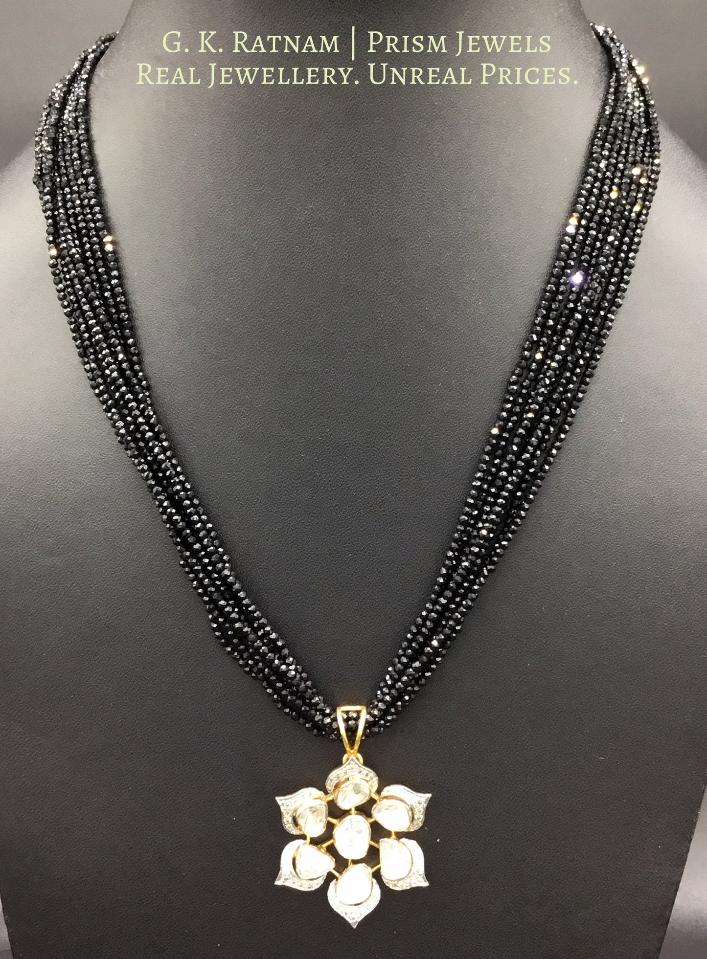 14k Gold and Diamond Polki Open Setting floral Pendant with black spinels - G. K. Ratnam