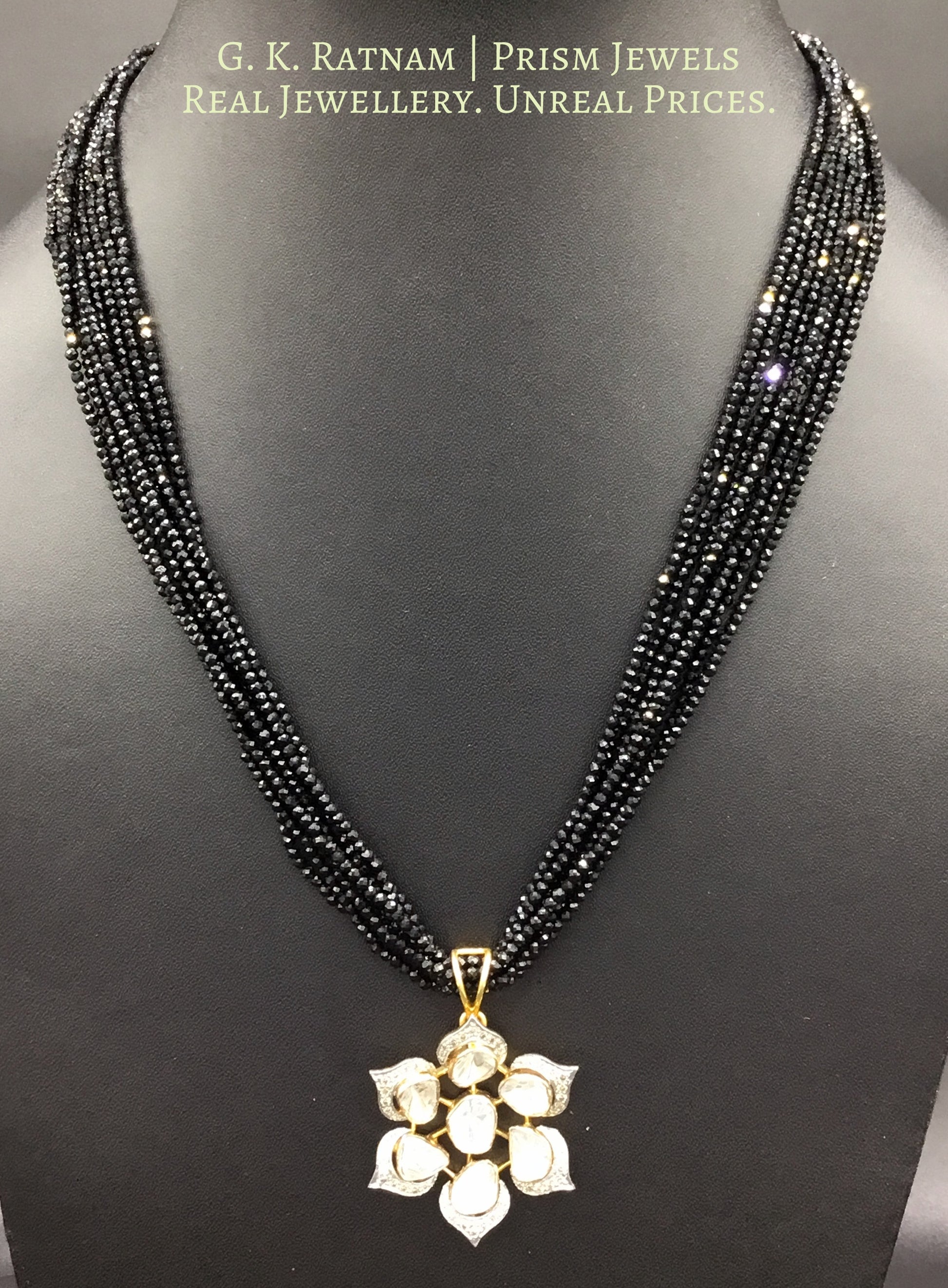 14k Gold and Diamond Polki Open Setting floral Pendant with black spinels - G. K. Ratnam