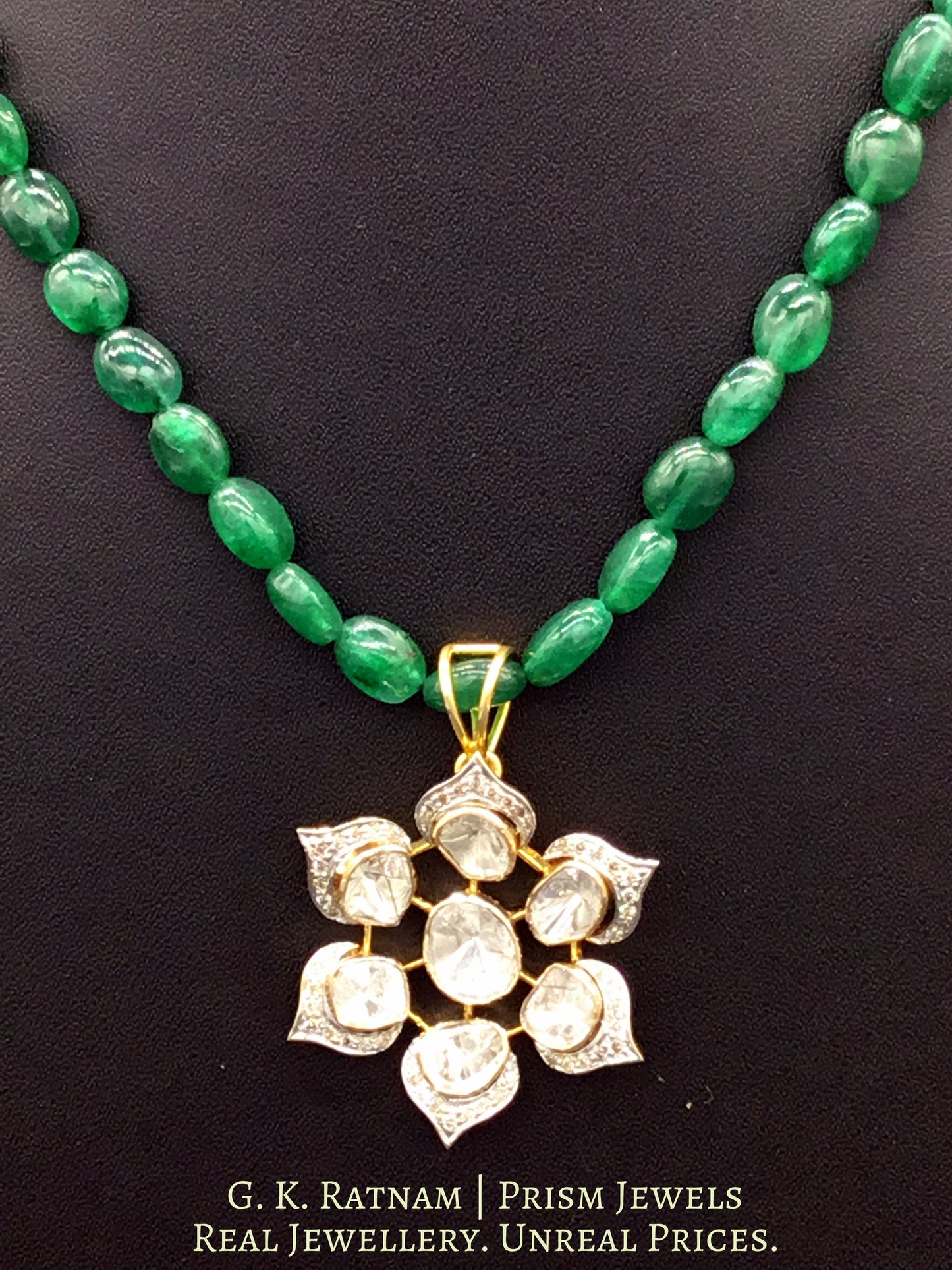 14k Gold and Diamond Polki Open Setting floral Pendant with emerald-grade green beryls - G. K. Ratnam