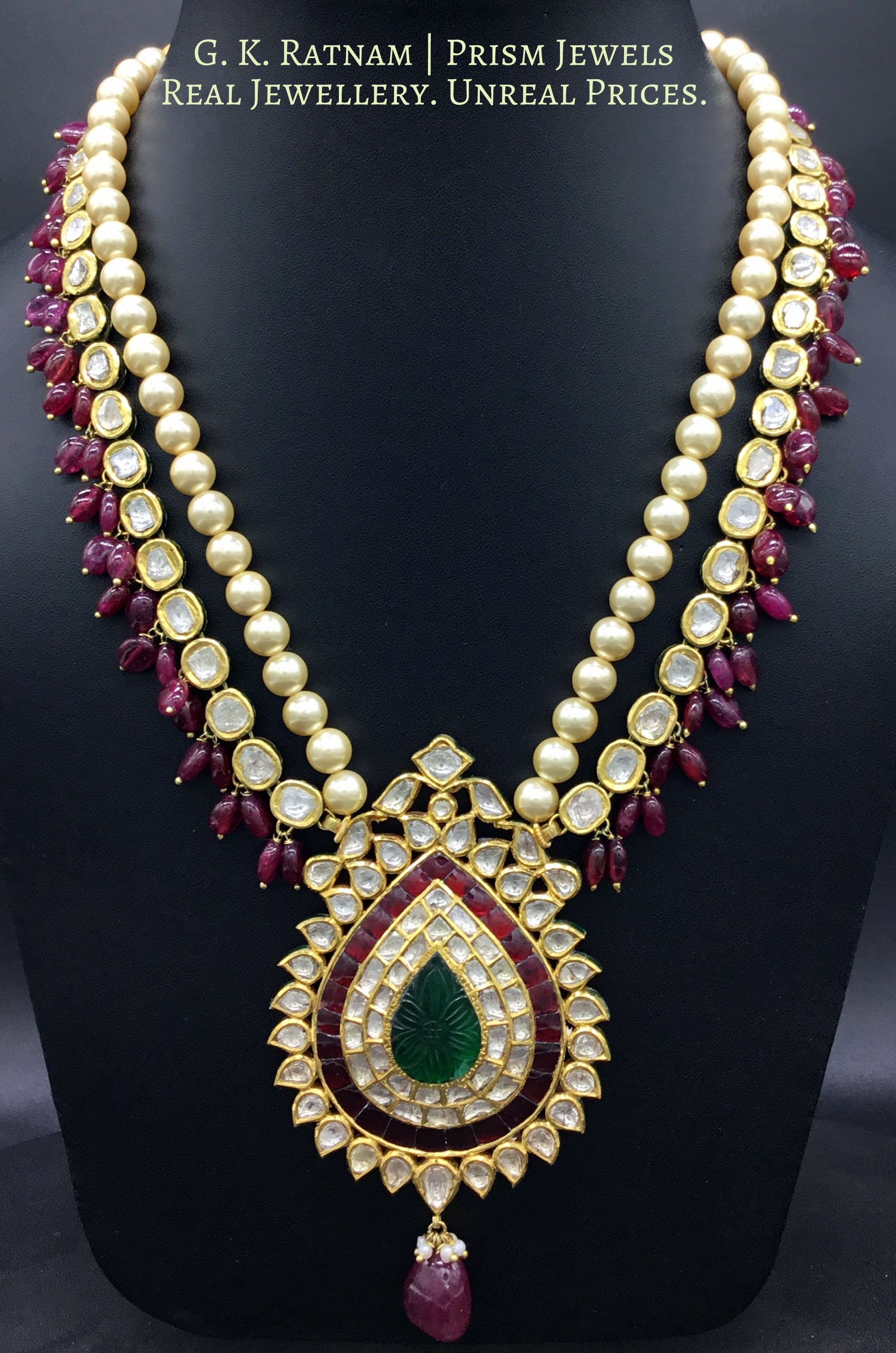 18k Gold and Diamond Polki pear-shaped Pendant strung to uncut ovals enhanced with Natural Rubies - G. K. Ratnam
