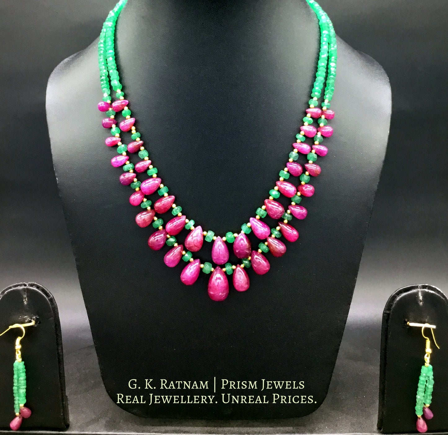 Two-row Necklace with ruby drops and emerald-grade green beryls - G. K. Ratnam