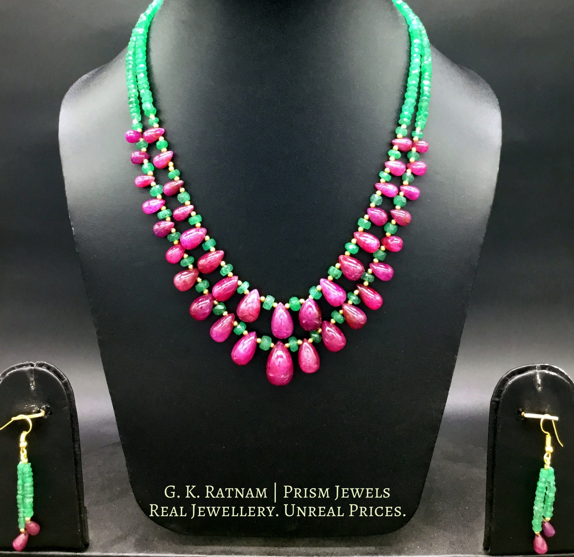 Two-row Necklace with ruby drops and emerald-grade green beryls - G. K. Ratnam