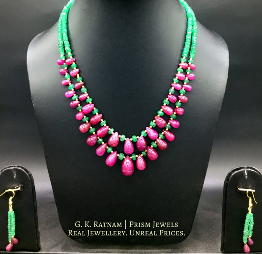 Two-row Necklace with ruby drops and emerald-grade green beryls - G. K. Ratnam
