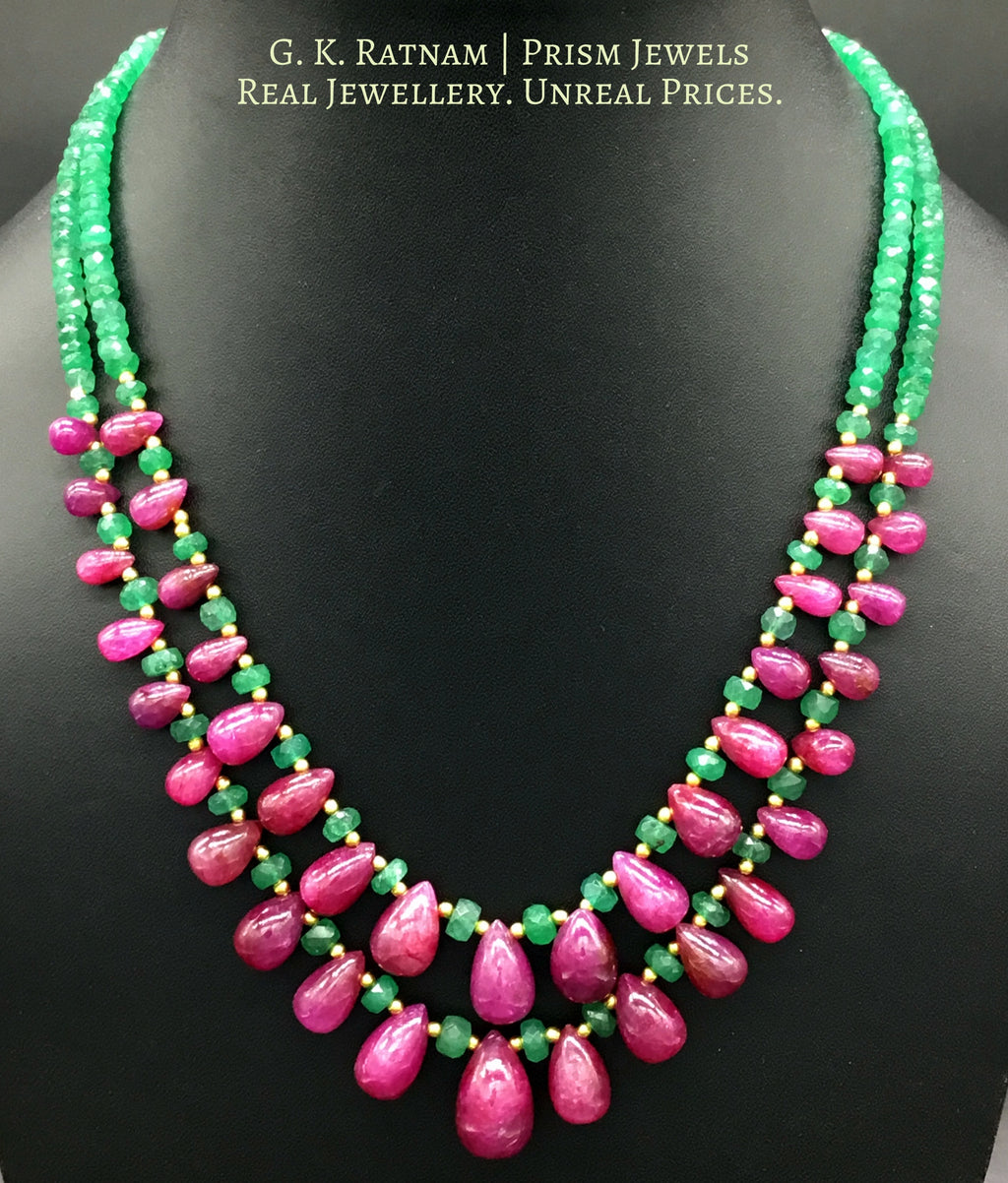Two-row Necklace with ruby drops and emerald-grade green beryls - G. K. Ratnam