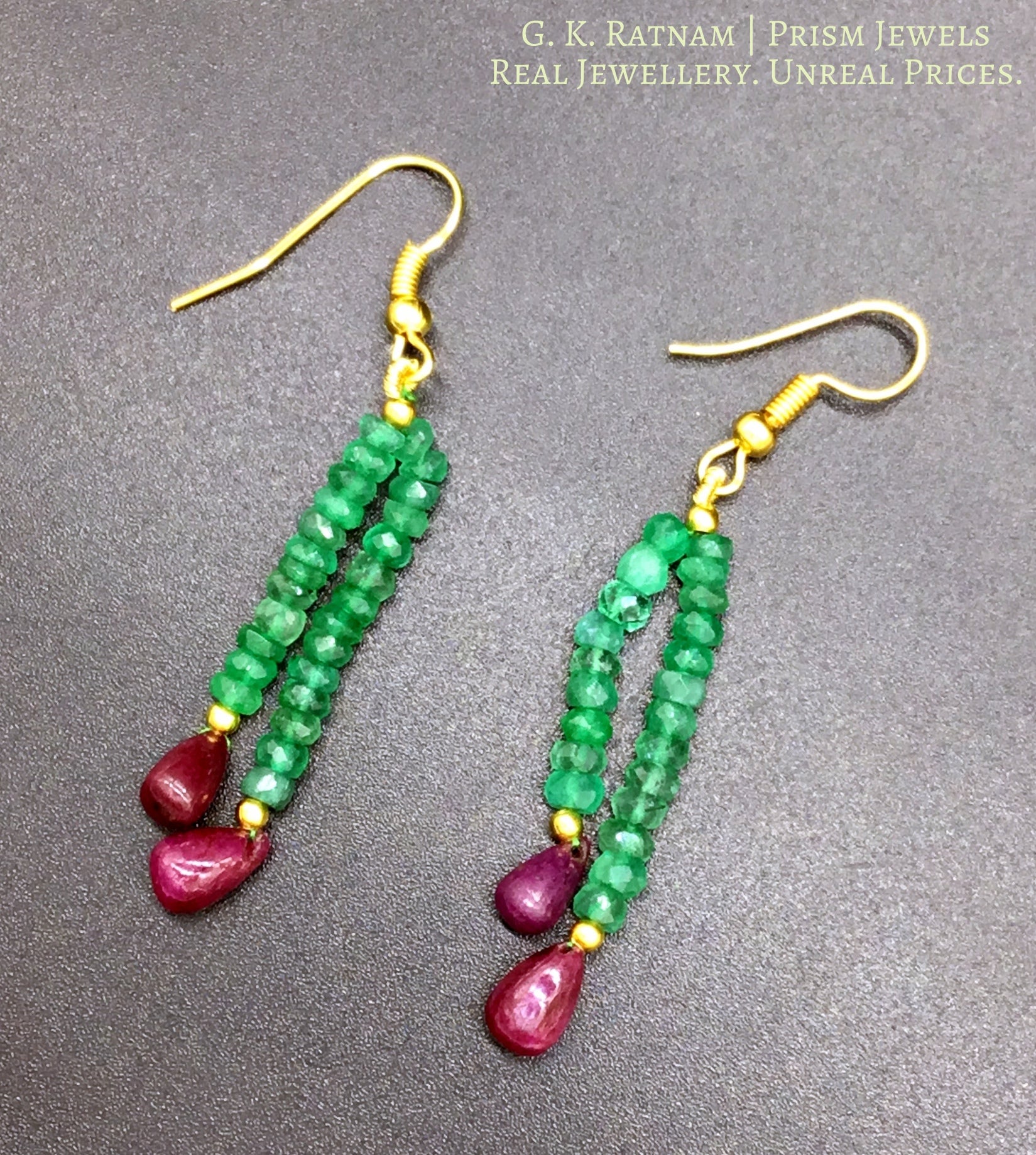 Two-row Necklace with ruby drops and emerald-grade green beryls - G. K. Ratnam
