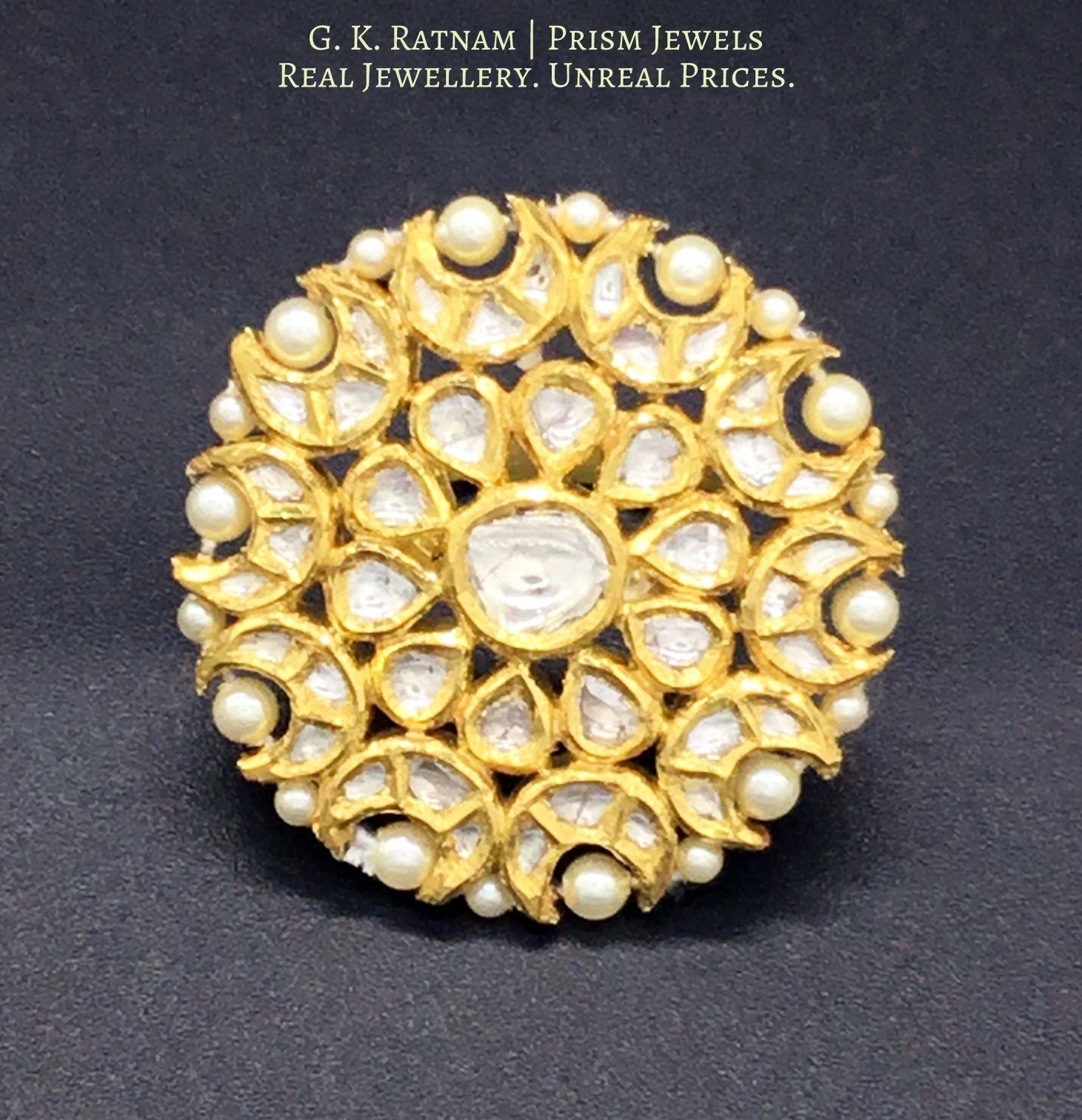 18k Gold and Diamond Polki Round Ring with Pearl Outlining - G. K. Ratnam