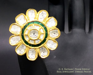 18k Gold and Diamond Polki floral cocktail Ring with emerald green stones - G. K. Ratnam