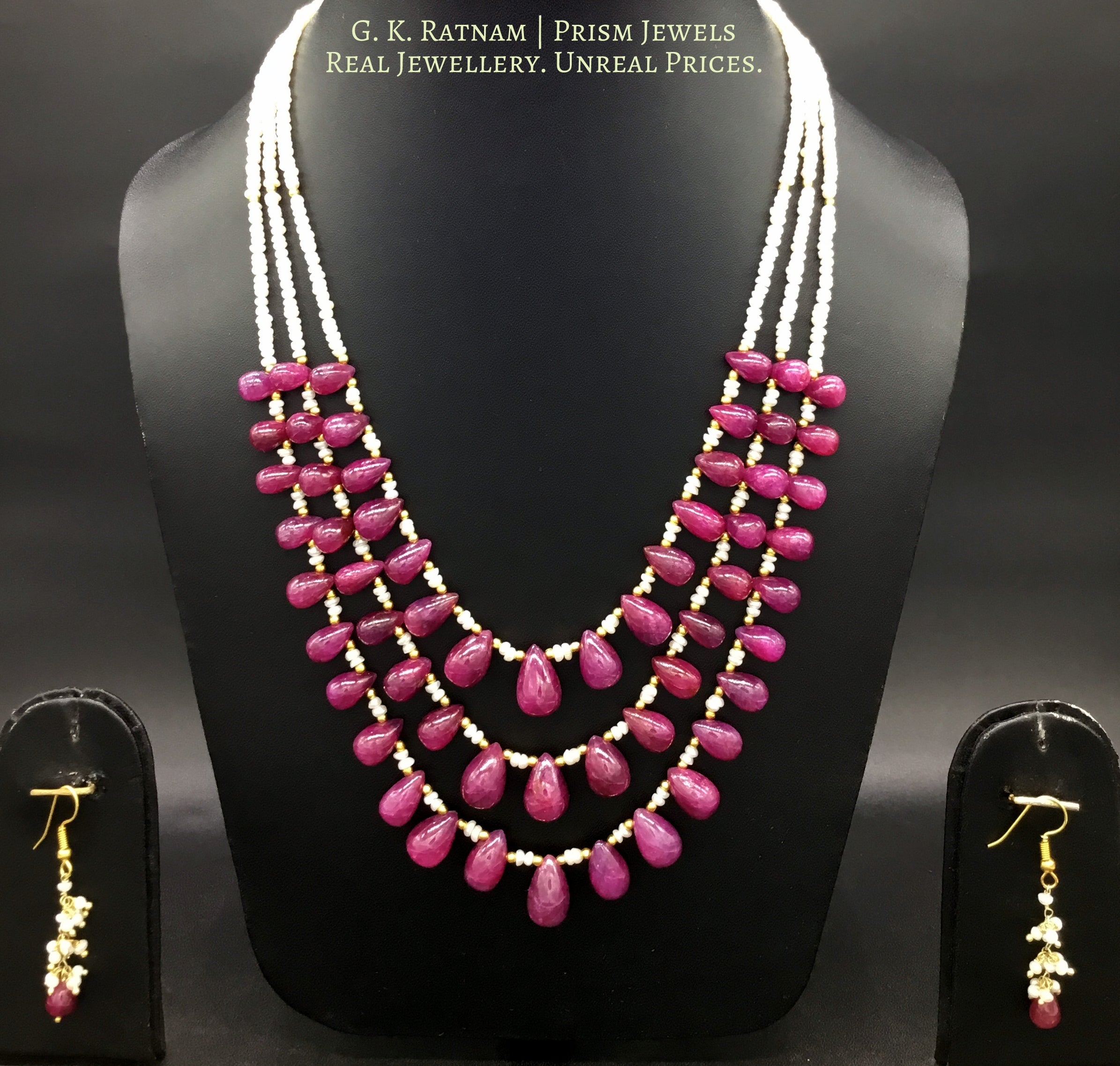 Three-row Necklace with ruby drops and hyderabadi pearls - G. K. Ratnam