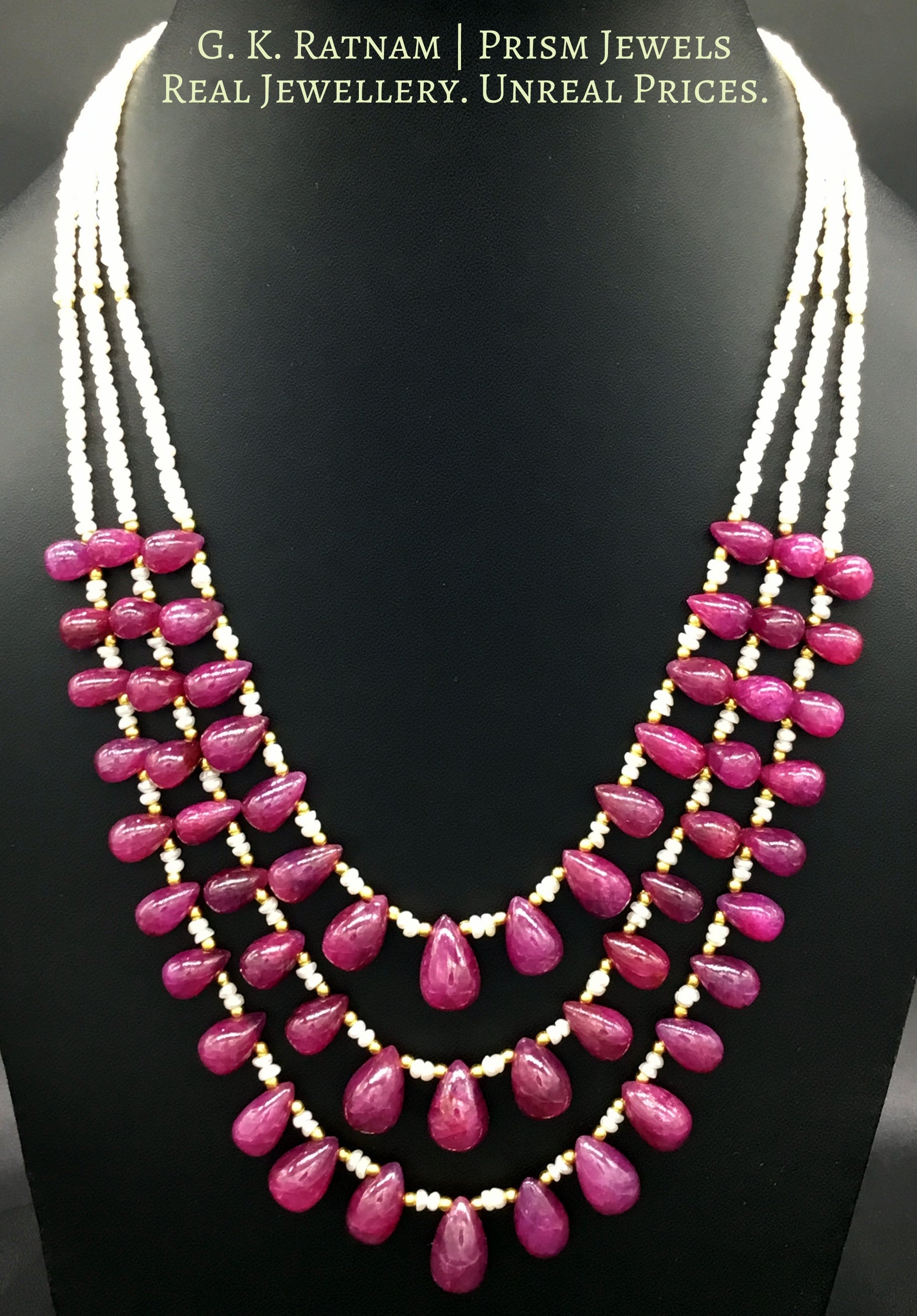 Three-row Necklace with ruby drops and hyderabadi pearls - G. K. Ratnam