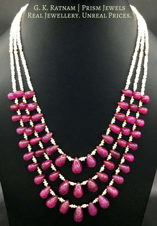 Three-row Necklace with ruby drops and hyderabadi pearls - G. K. Ratnam