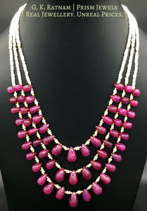 Three-row Necklace with ruby drops and hyderabadi pearls - G. K. Ratnam