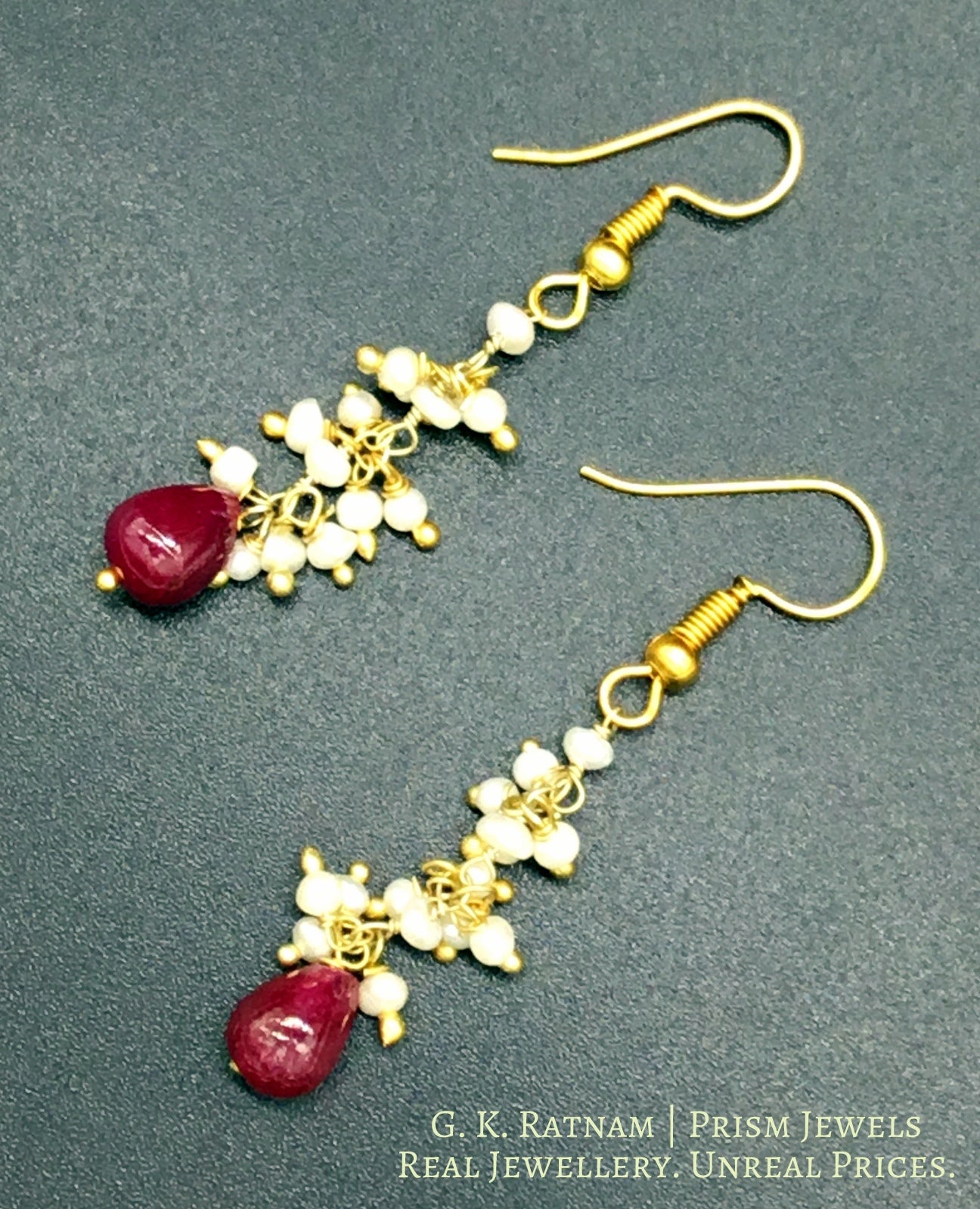 Three-row Necklace with ruby drops and hyderabadi pearls - G. K. Ratnam