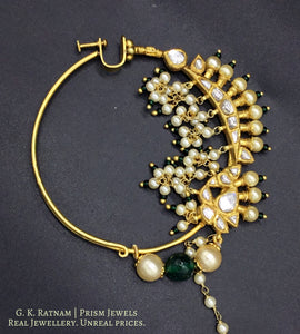 18k Gold and Diamond Polki Bridal Nose Ring with pearl chandeliers - G. K. Ratnam