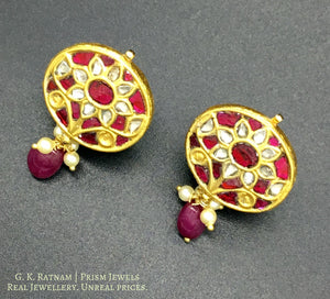 23k Gold and Diamond Polki Oval Pendant Set with ruby-red stones - G. K. Ratnam