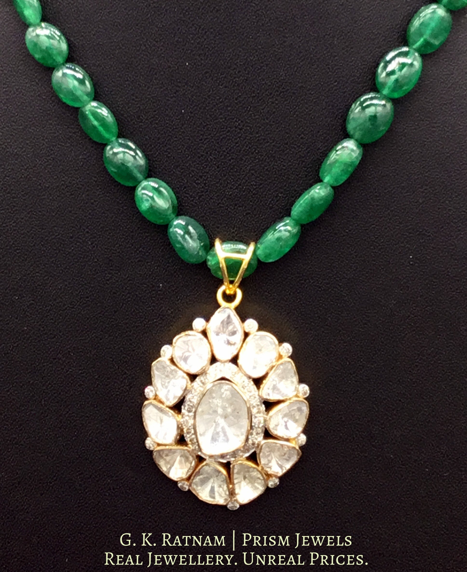 18k Gold and Diamond Polki pear-shaped Open Setting Pendant with emerald-grade beryls - G. K. Ratnam