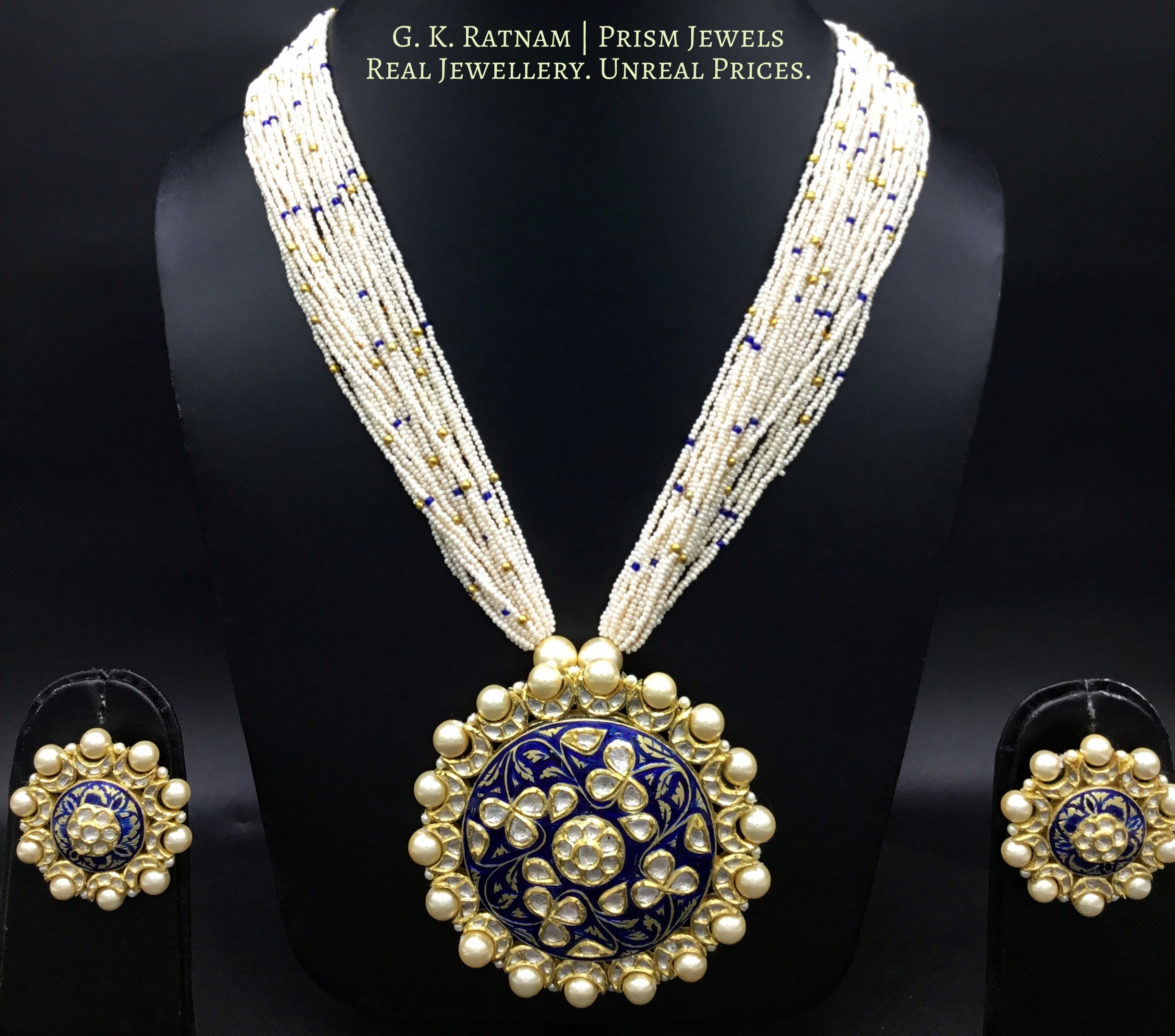 18k Gold and Diamond Polki Round Pendant Set with Navy Blue Enamelling - gold diamond polki kundan meena jadau jewellery
