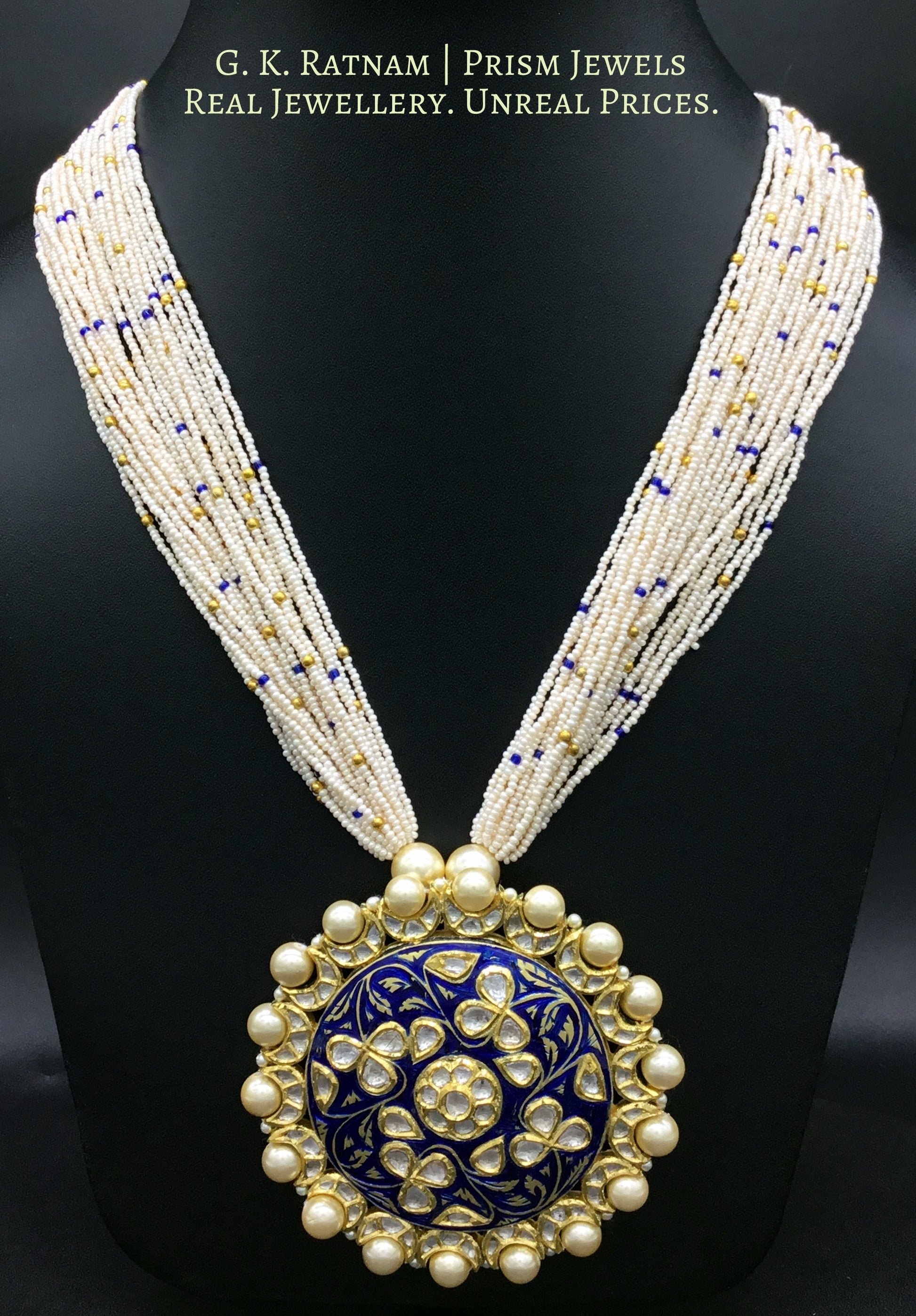 18k Gold and Diamond Polki Round Pendant Set with Navy Blue Enamelling - gold diamond polki kundan meena jadau jewellery