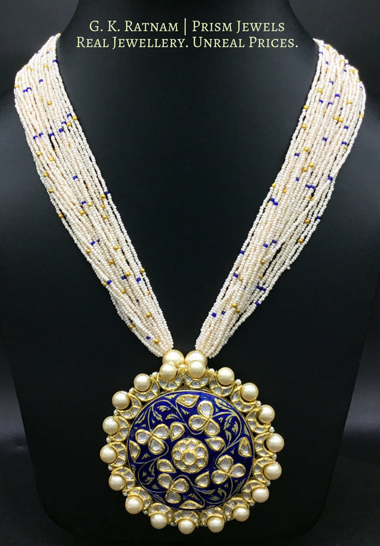 18k Gold and Diamond Polki Round Pendant Set with Navy Blue Enamelling - gold diamond polki kundan meena jadau jewellery